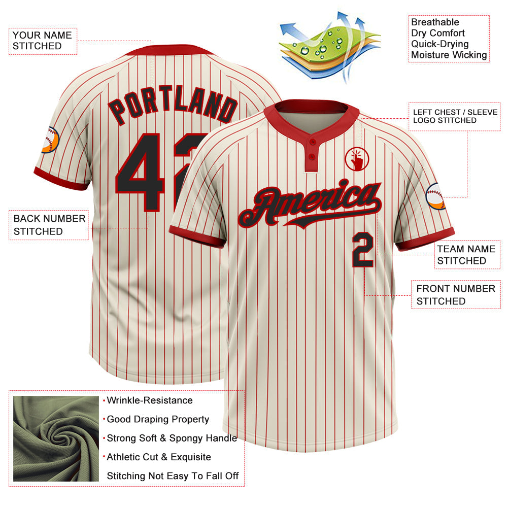 Custom Cream Red Pinstripe Black Two-Button Unisex Softball Jersey view 3