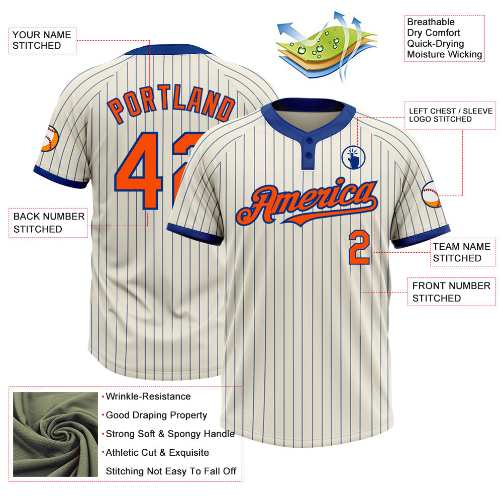 Custom Cream Royal Pinstripe Orange Two-Button Unisex Softball Jersey view 3