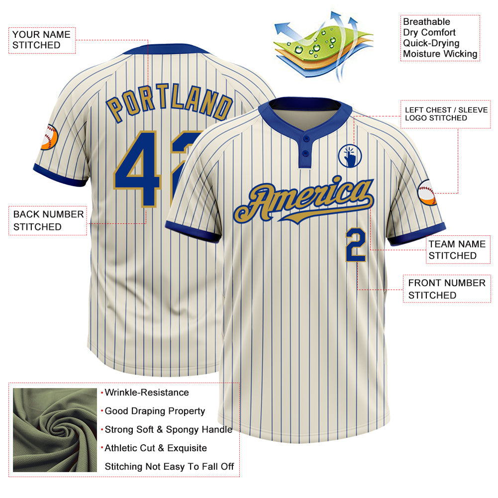 Custom Cream Royal Pinstripe Old Gold Two-Button Unisex Softball Jersey view 3