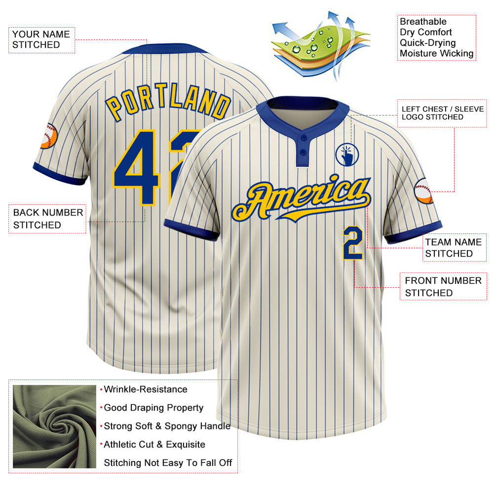 Custom Cream Royal Pinstripe Yellow Two-Button Unisex Softball Jersey view 3