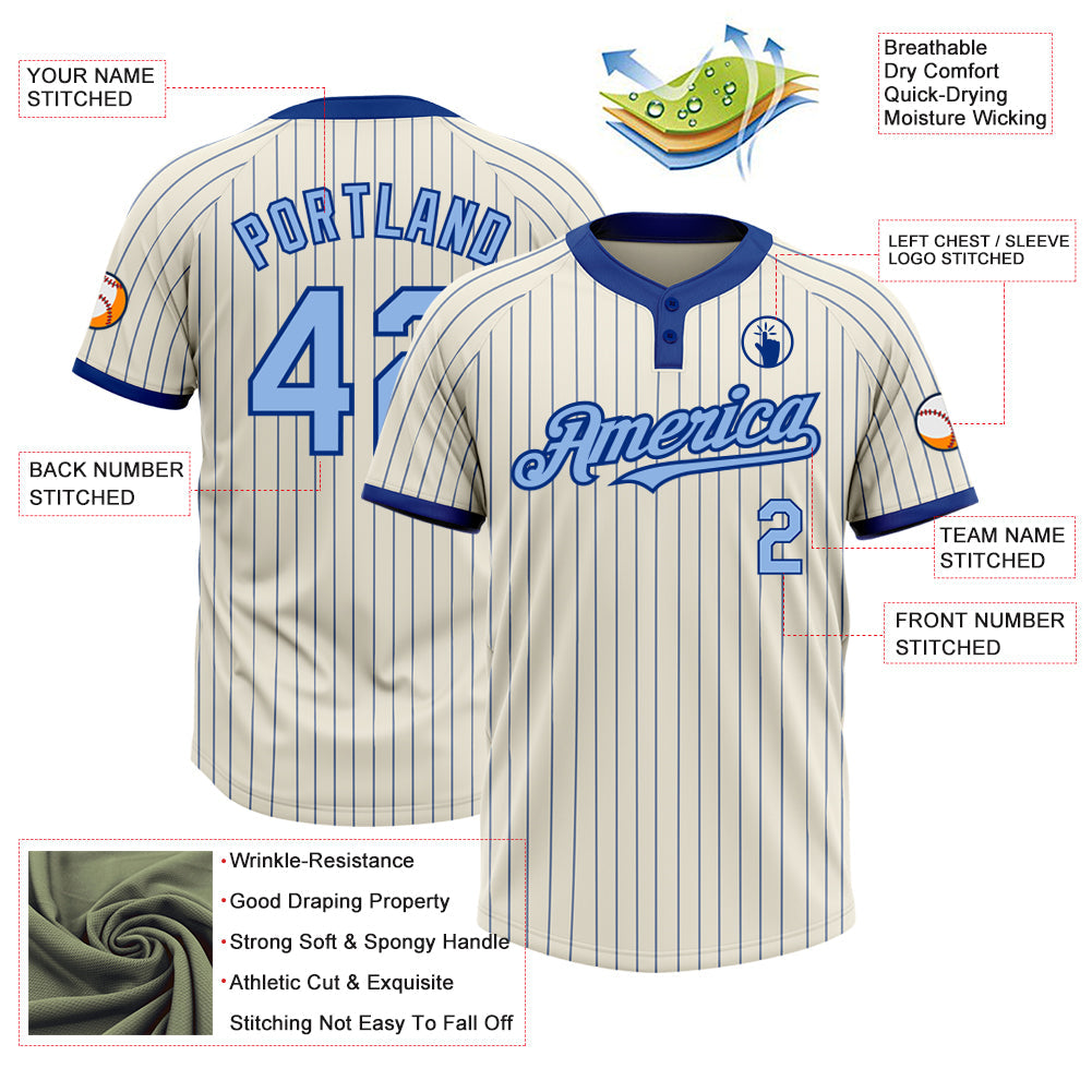 Custom Cream Royal Pinstripe Light Blue Two-Button Unisex Softball Jersey view 3