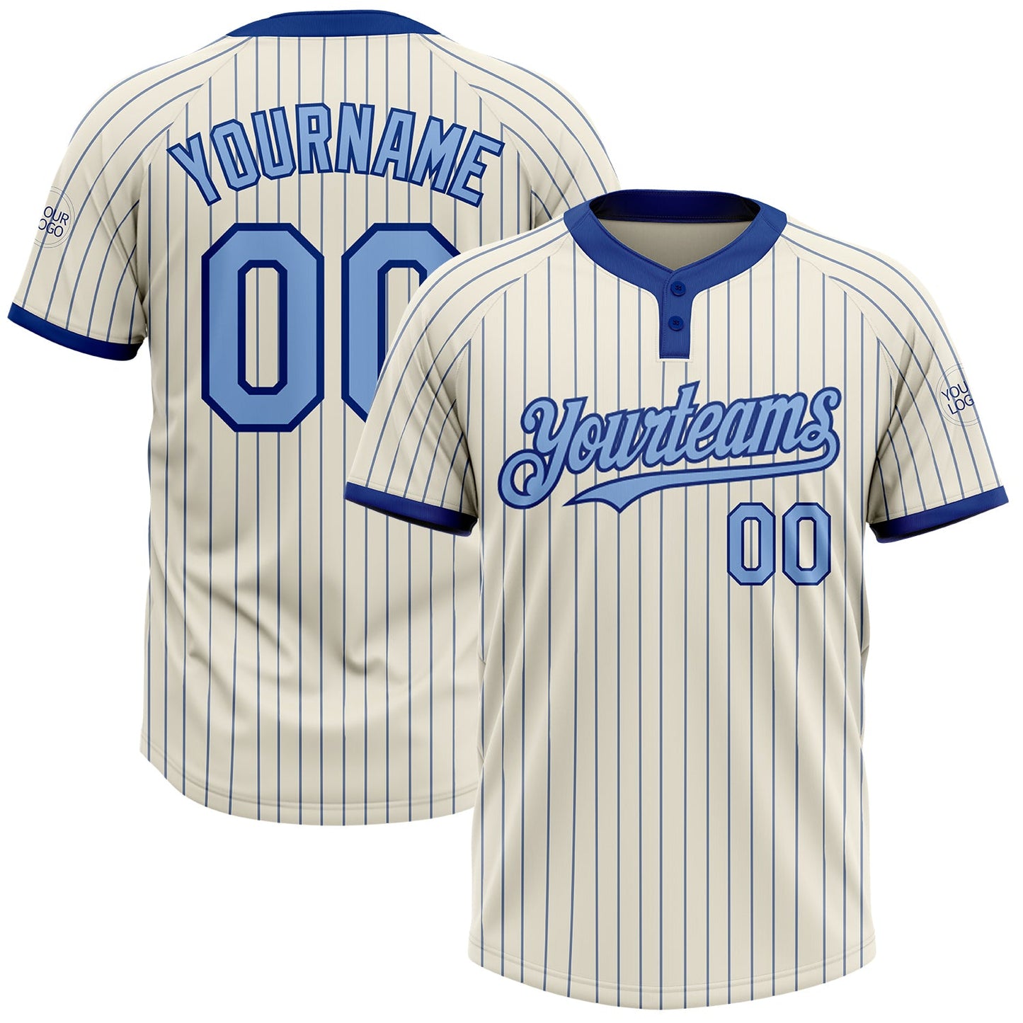 Custom Cream Royal Pinstripe Light Blue Two-Button Unisex Softball Jersey - Main View