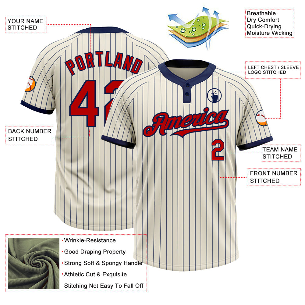 Custom Cream Navy Pinstripe Red Two-Button Unisex Softball Jersey view 3