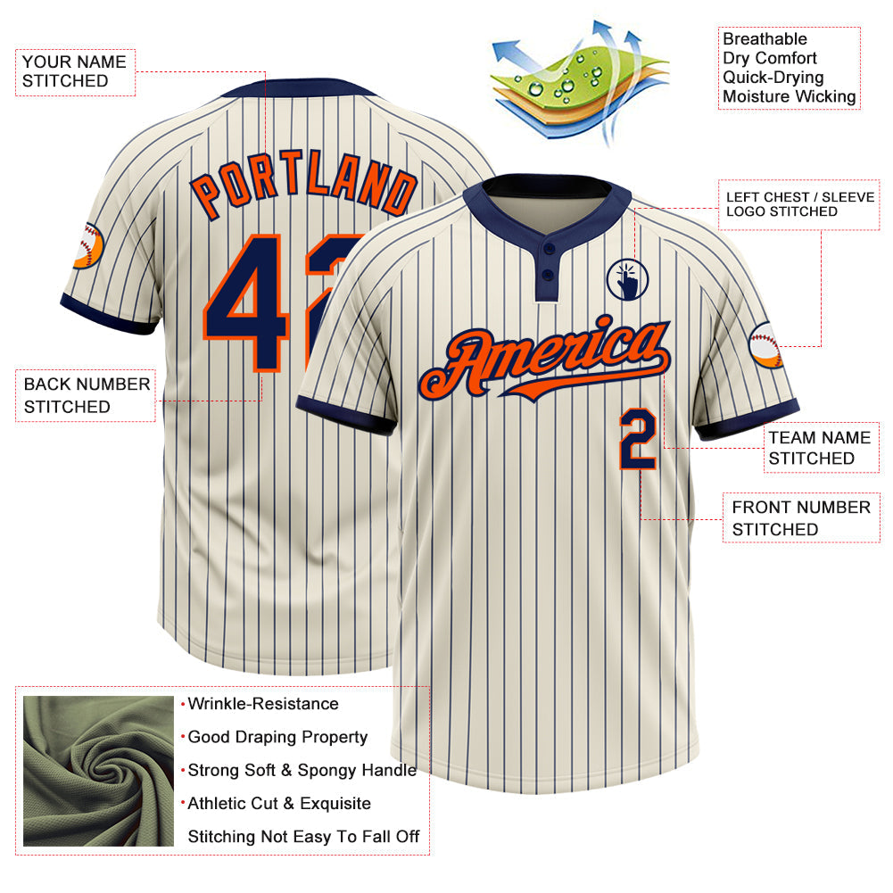 Custom Cream Navy Pinstripe Orange Two-Button Unisex Softball Jersey view 3