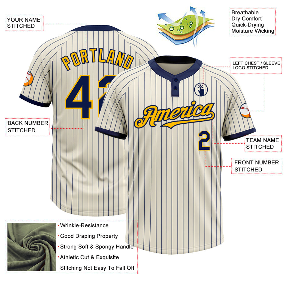 Custom Cream Navy Pinstripe Gold Two-Button Unisex Softball Jersey view 3