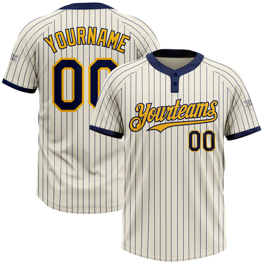 Custom Cream Navy Pinstripe Gold Two-Button Unisex Softball Jersey - Main View