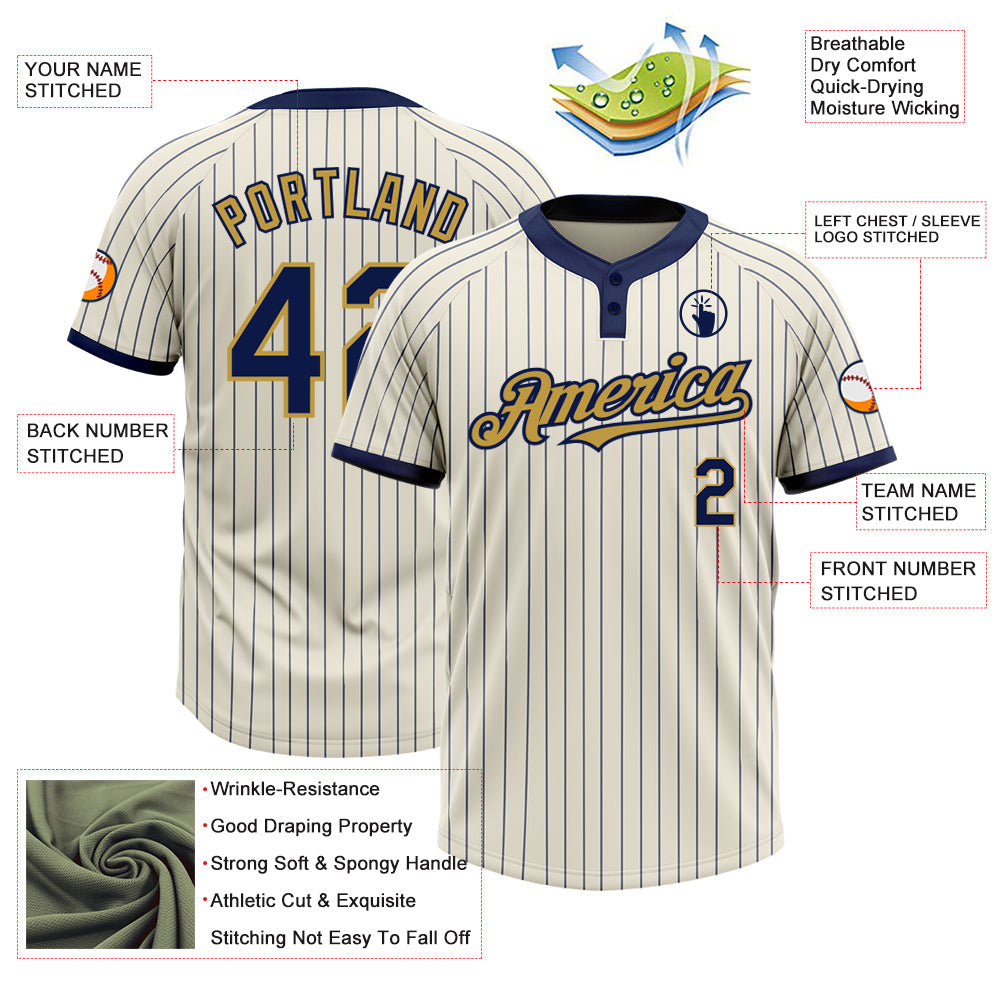 Custom Cream Navy Pinstripe Old Gold Two-Button Unisex Softball Jersey view 3