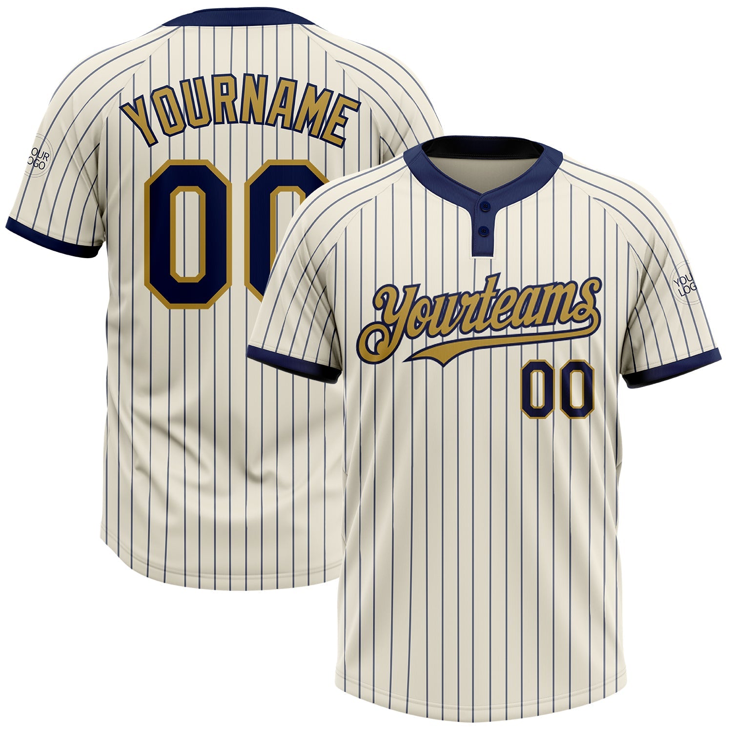 Custom Cream Navy Pinstripe Old Gold Two-Button Unisex Softball Jersey - Main View