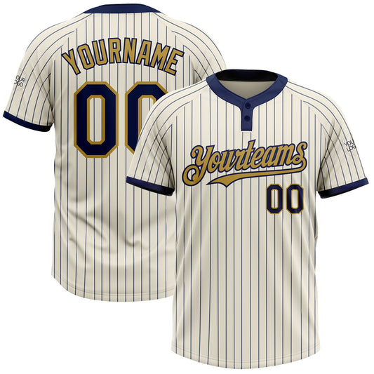 Custom Cream Navy Pinstripe Old Gold Two-Button Unisex Softball Jersey - Main View