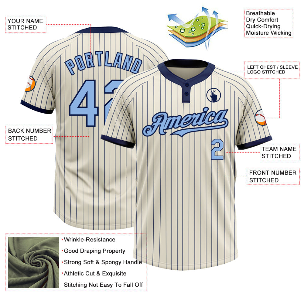 Custom Cream Navy Pinstripe Light Blue Two-Button Unisex Softball Jersey view 3