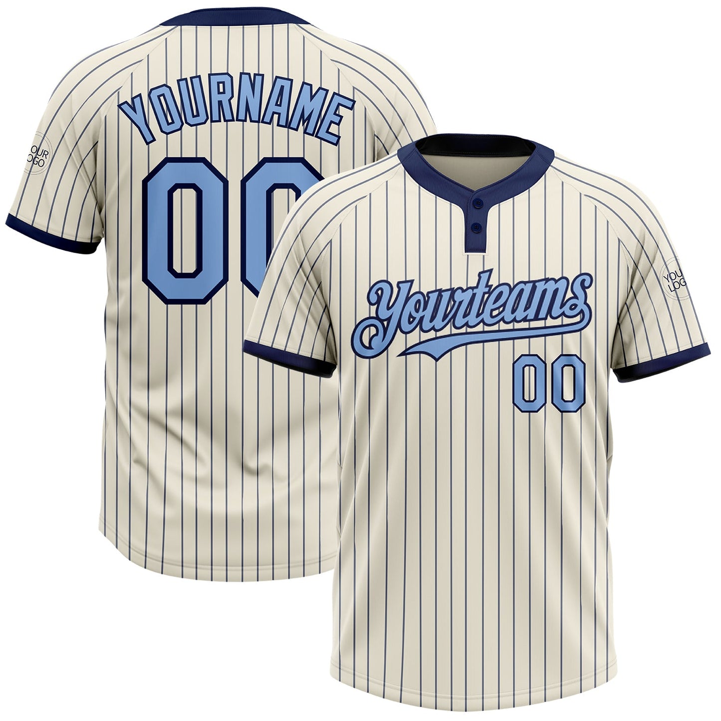 Custom Cream Navy Pinstripe Light Blue Two-Button Unisex Softball Jersey - Main View
