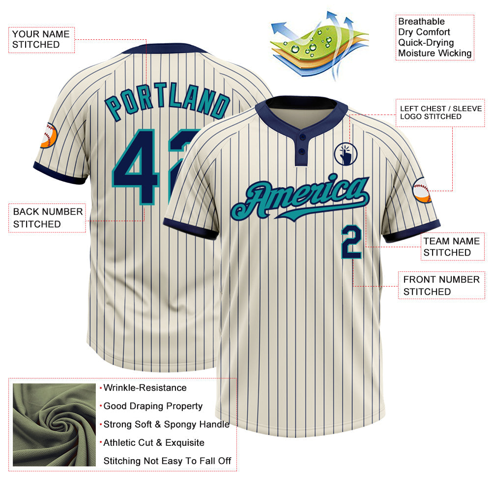 Custom Cream Navy Pinstripe Teal Two-Button Unisex Softball Jersey view 3