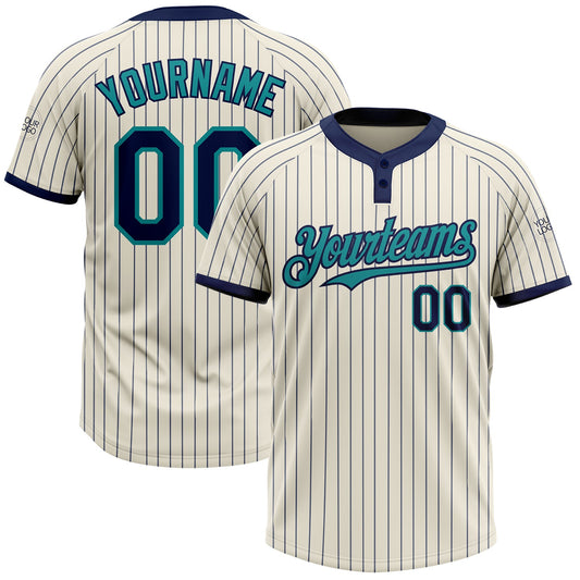 Custom Cream Navy Pinstripe Teal Two-Button Unisex Softball Jersey - Main View