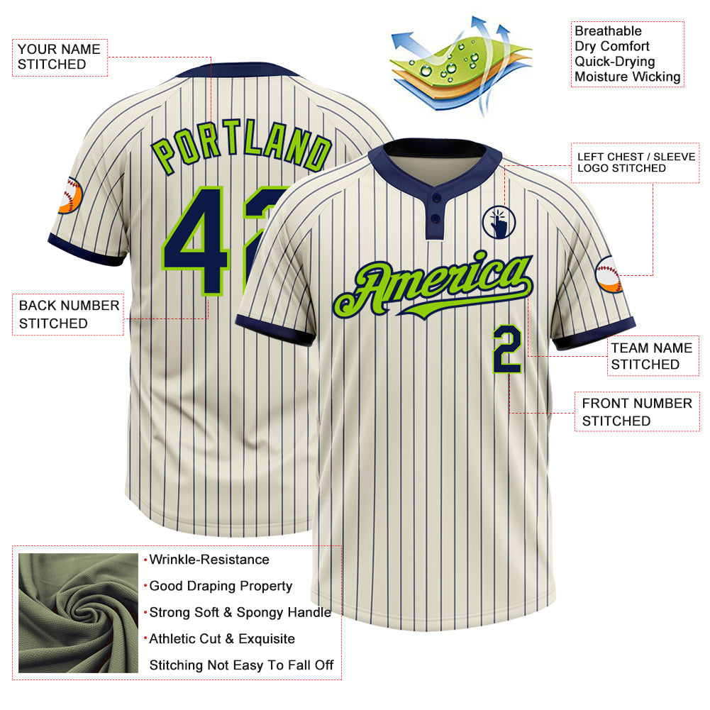 Custom Cream Navy Pinstripe Neon Green Two-Button Unisex Softball Jersey view 3