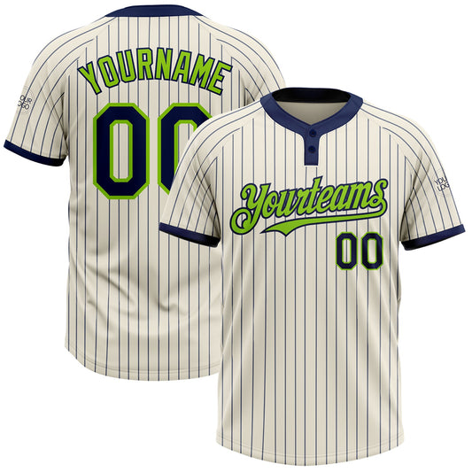 Custom Cream Navy Pinstripe Neon Green Two-Button Unisex Softball Jersey - Main View