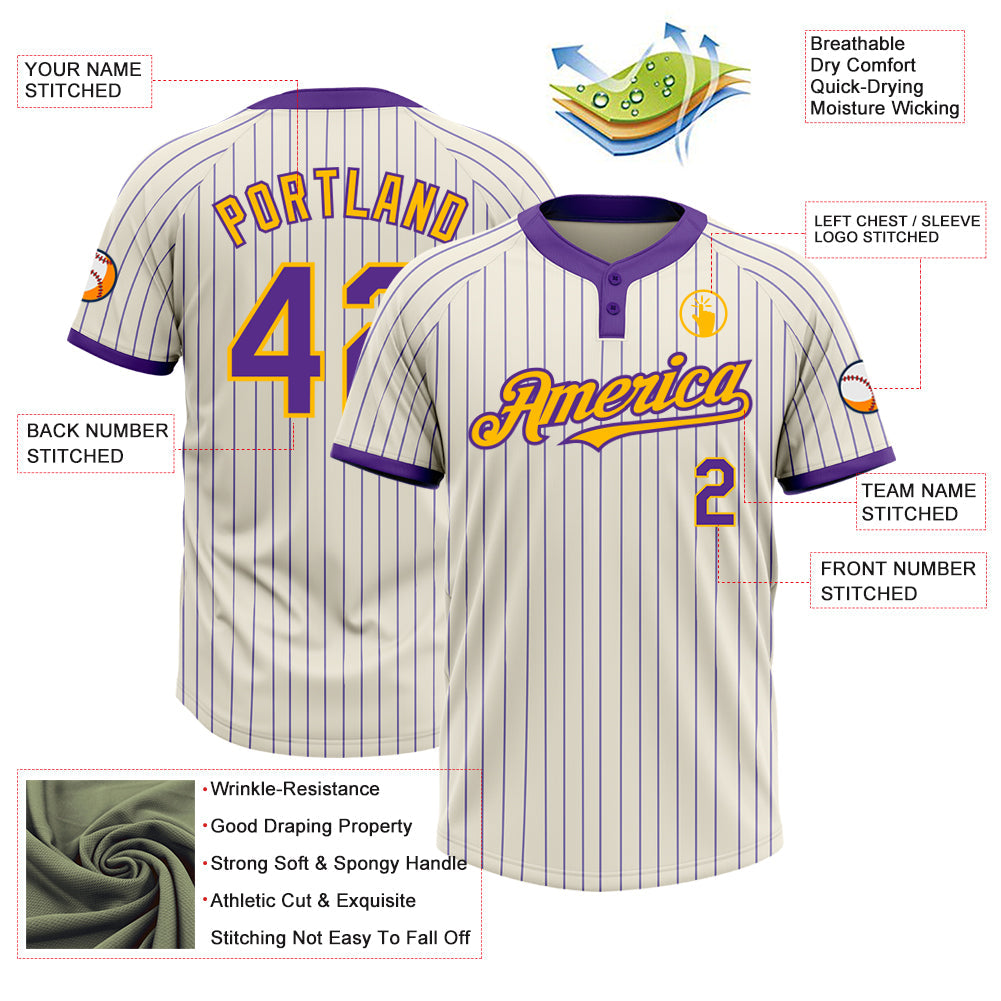 Custom Cream Purple Pinstripe Gold Two-Button Unisex Softball Jersey view 3