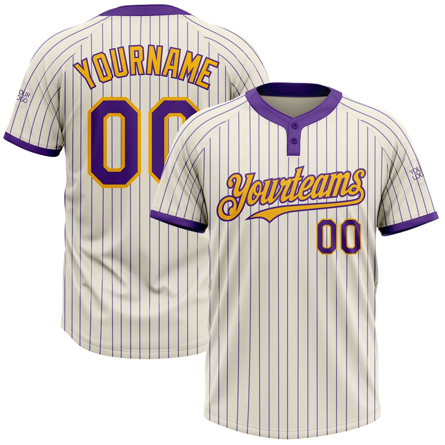 Custom Cream Purple Pinstripe Gold Two-Button Unisex Softball Jersey - Main View