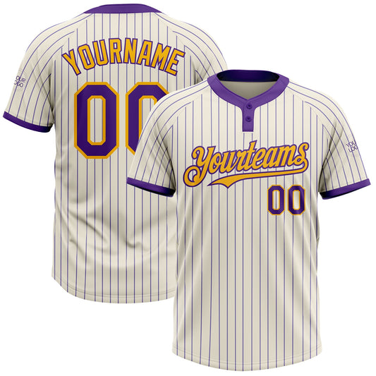 Custom Cream Purple Pinstripe Gold Two-Button Unisex Softball Jersey - Main View