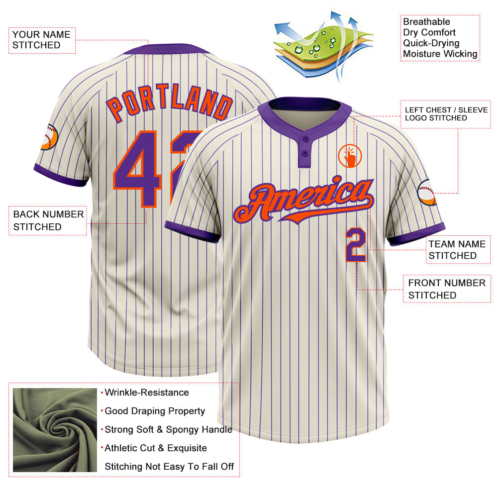 Custom Cream Purple Pinstripe Orange Two-Button Unisex Softball Jersey view 3