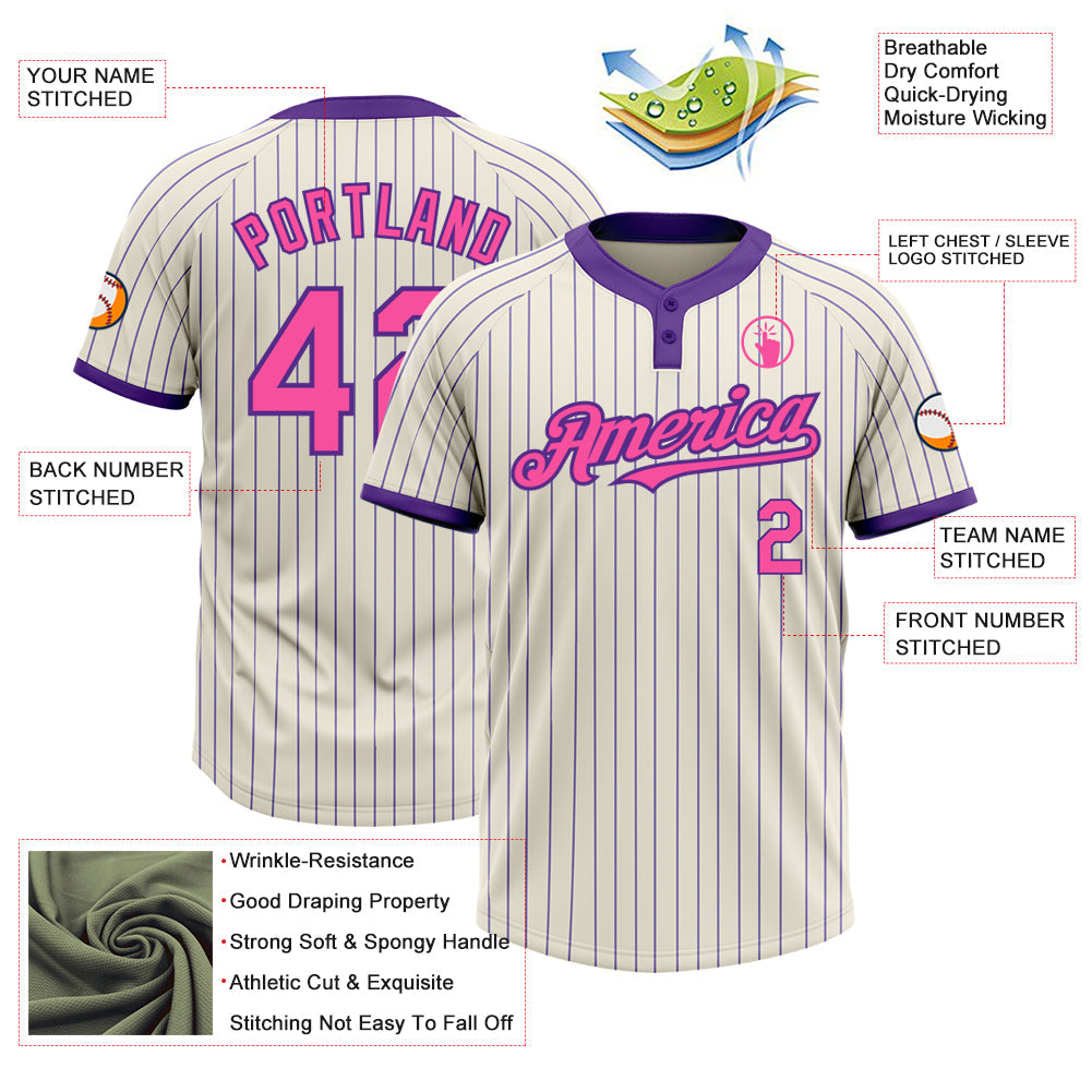 Custom Cream Purple Pinstripe Pink Two-Button Unisex Softball Jersey view 3