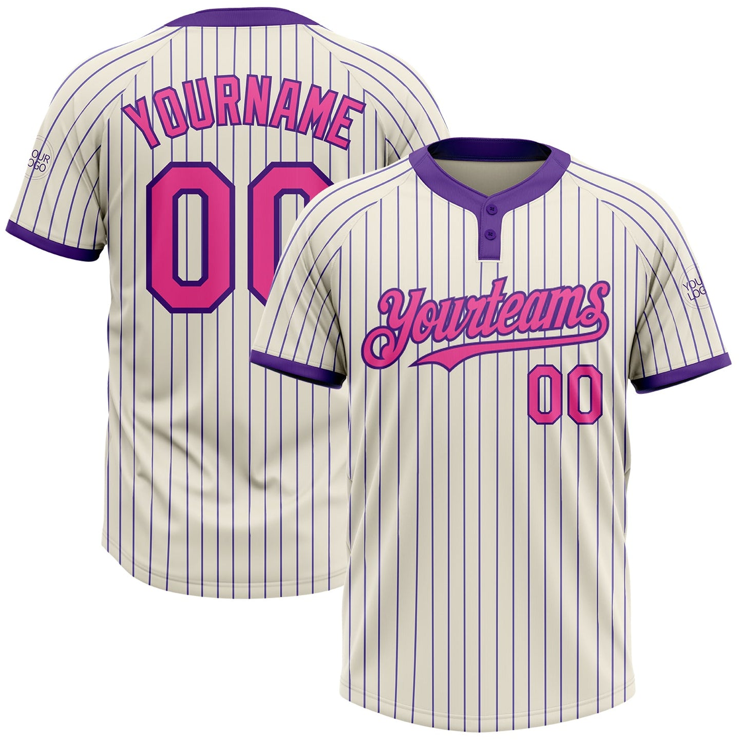 Custom Cream Purple Pinstripe Pink Two-Button Unisex Softball Jersey - Main View