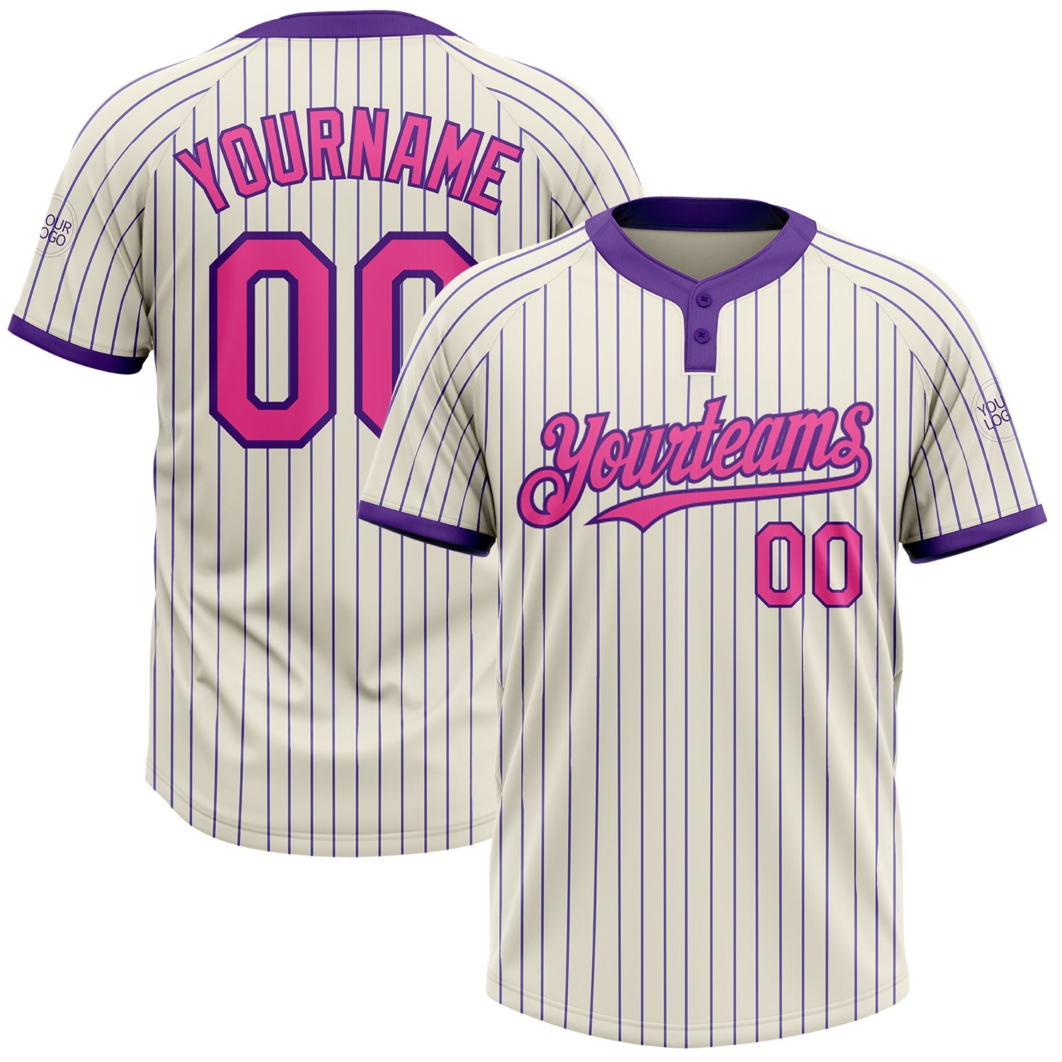Custom Cream Purple Pinstripe Pink Two-Button Unisex Softball Jersey - Main View
