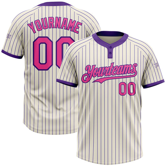 Custom Cream Purple Pinstripe Pink Two-Button Unisex Softball Jersey - Main View