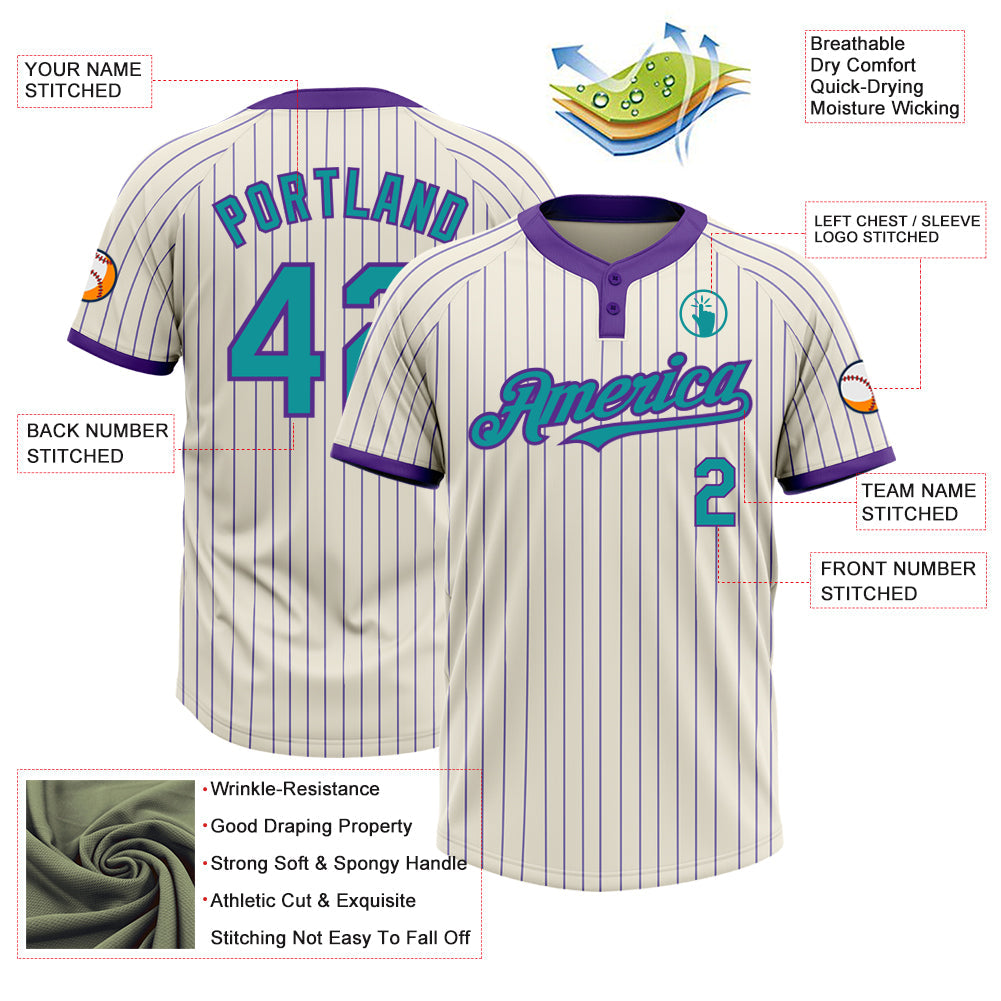 Custom Cream Purple Pinstripe Teal Two-Button Unisex Softball Jersey view 3