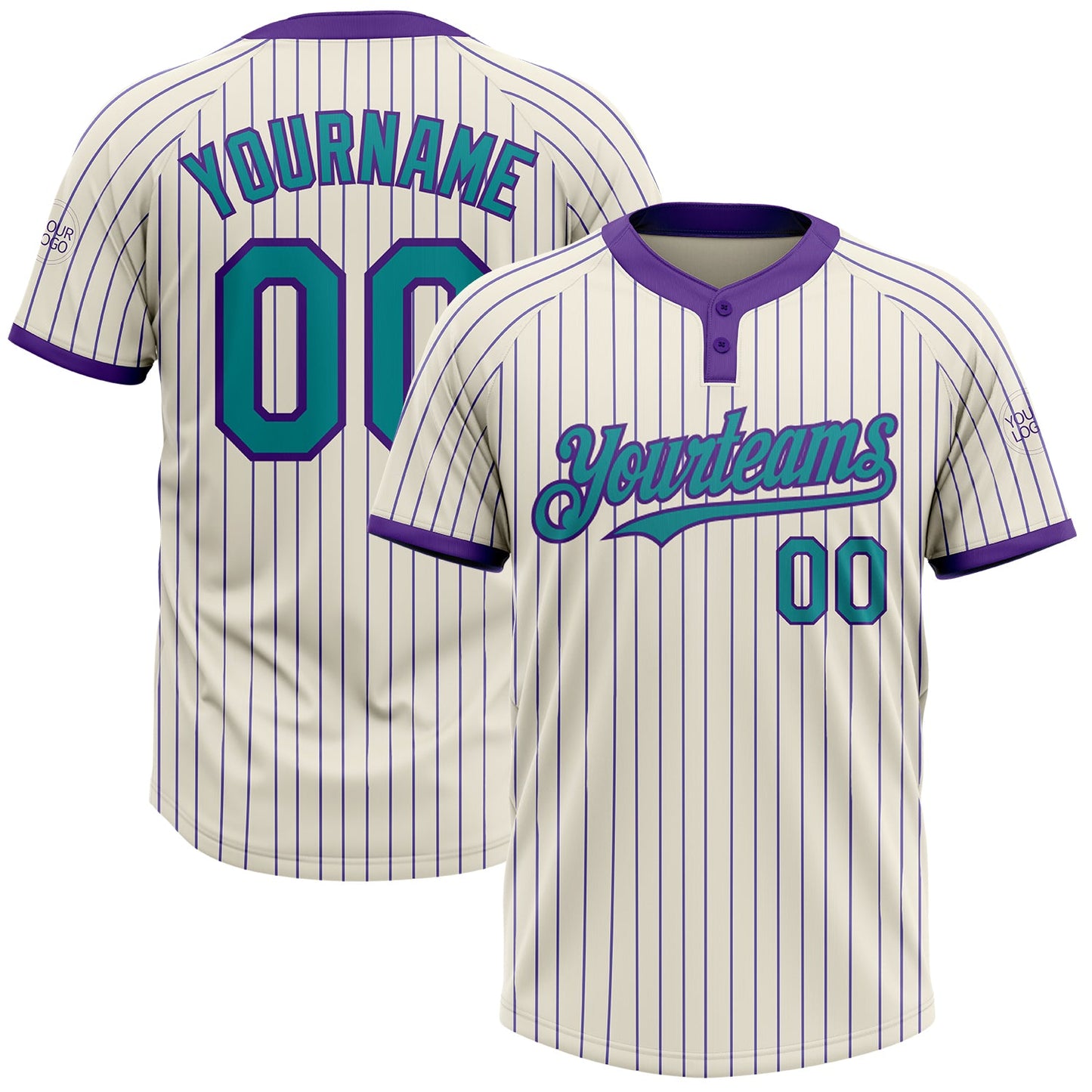 Custom Cream Purple Pinstripe Teal Two-Button Unisex Softball Jersey - Main View