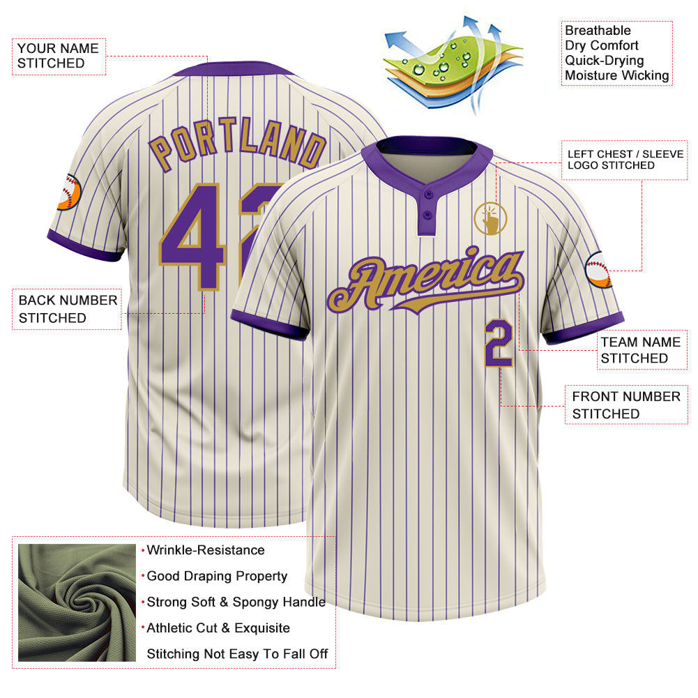 Custom Cream Purple Pinstripe Old Gold Two-Button Unisex Softball Jersey view 3