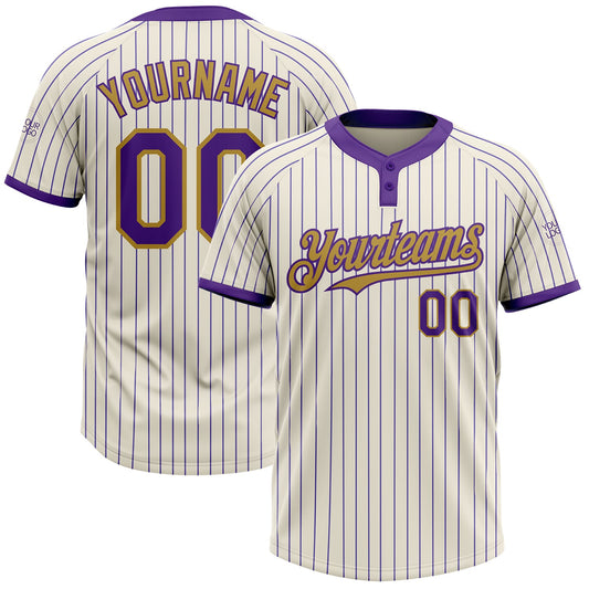 Custom Cream Purple Pinstripe Old Gold Two-Button Unisex Softball Jersey - Main View