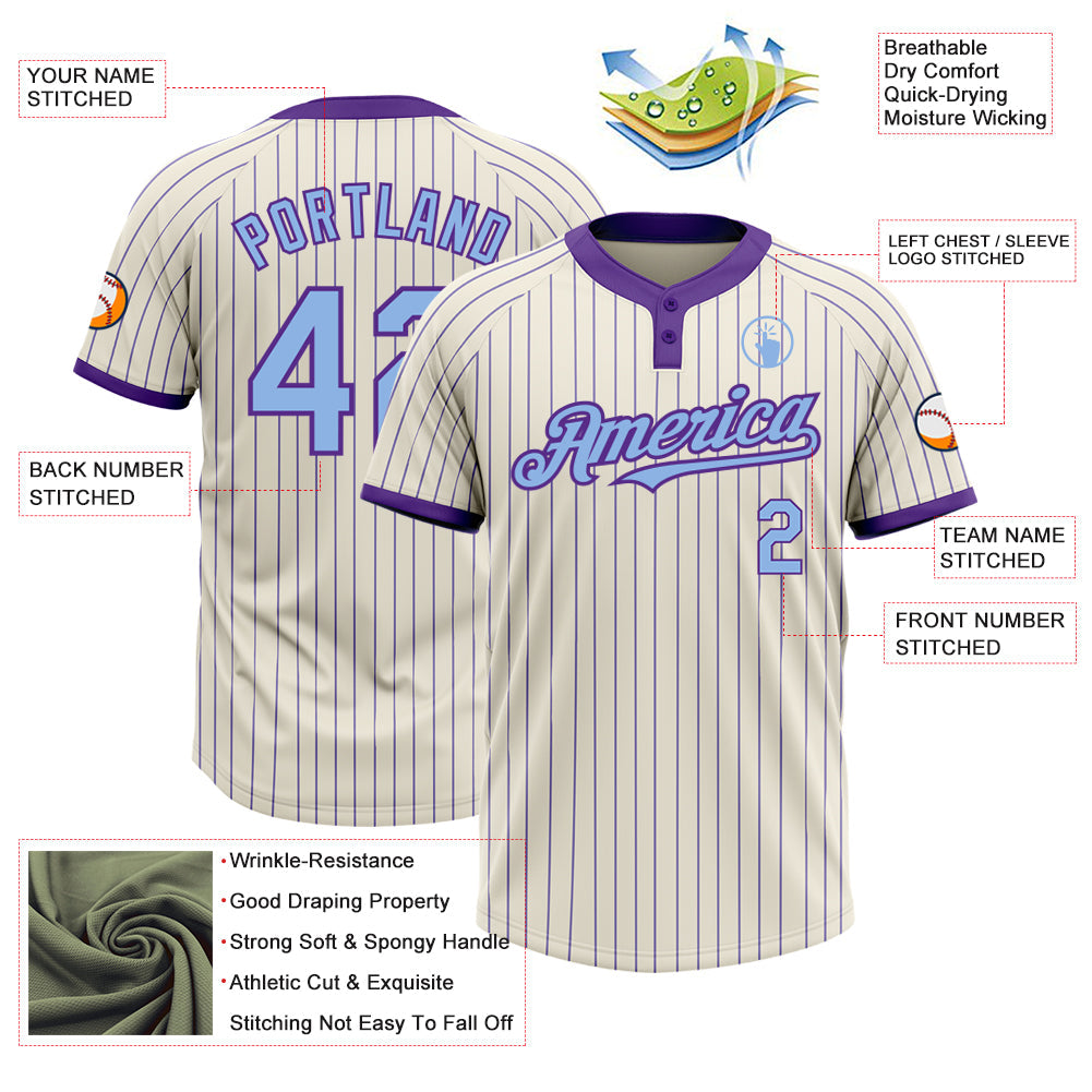 Custom Cream Purple Pinstripe Light Blue Two-Button Unisex Softball Jersey view 3