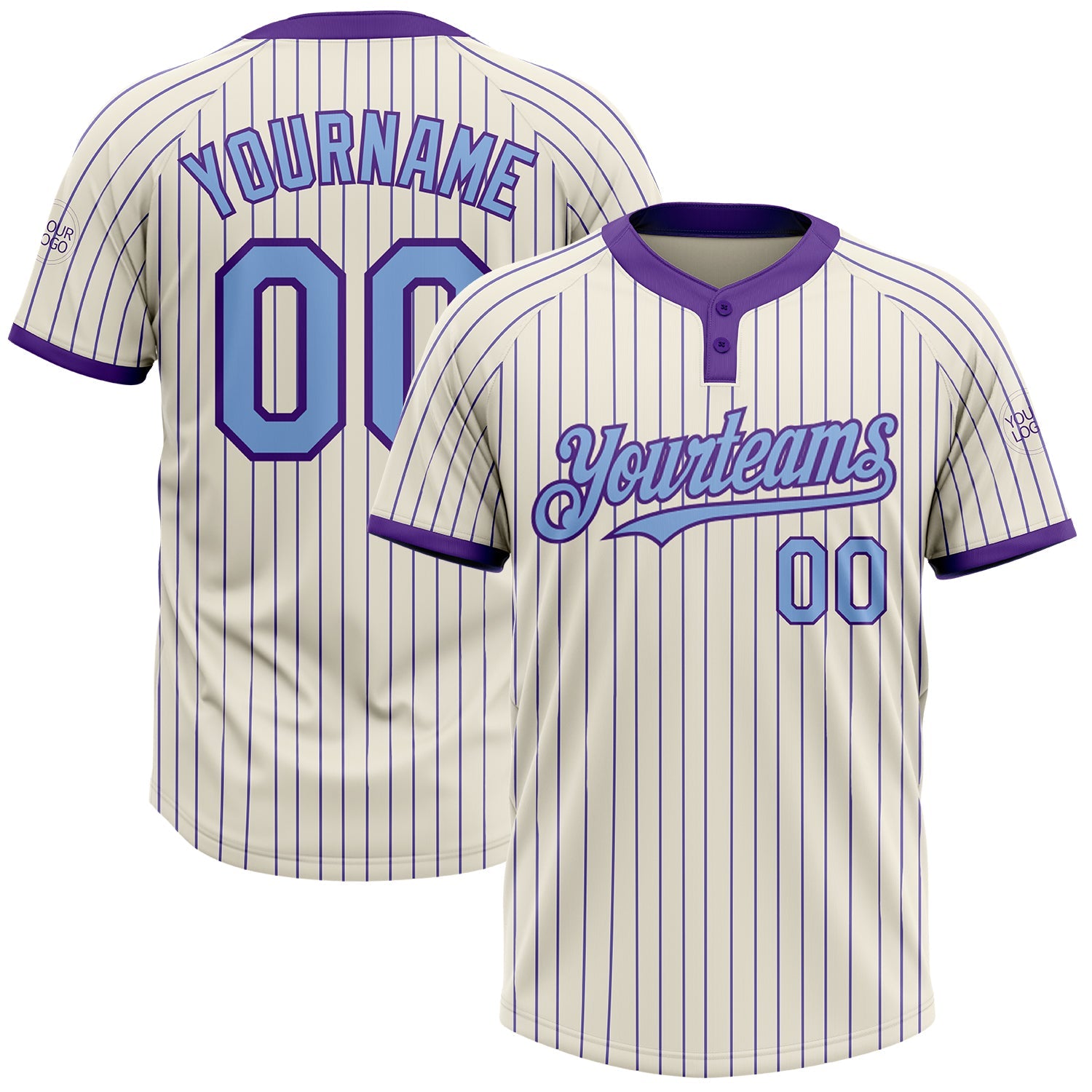 Custom Cream Purple Pinstripe Light Blue Two-Button Unisex Softball Jersey - Main View