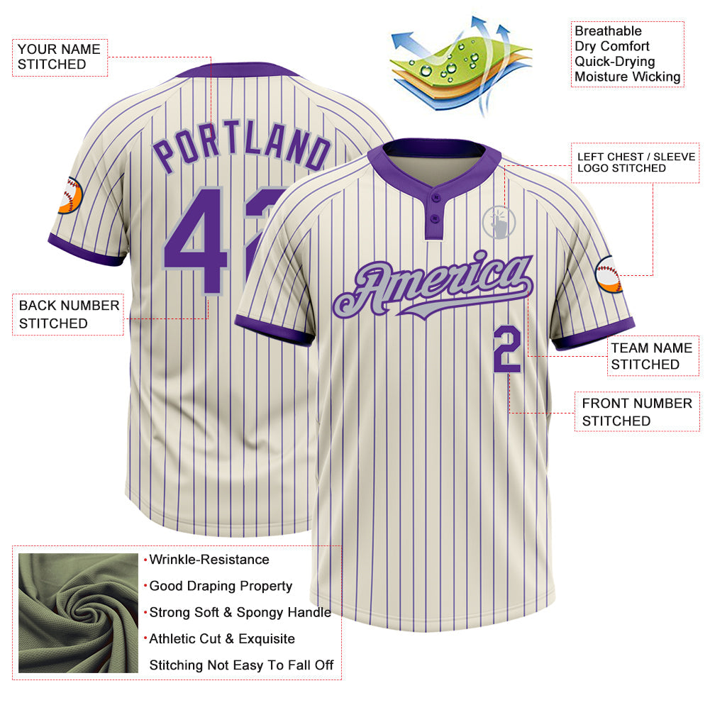 Custom Cream Purple Pinstripe Gray Two-Button Unisex Softball Jersey view 3