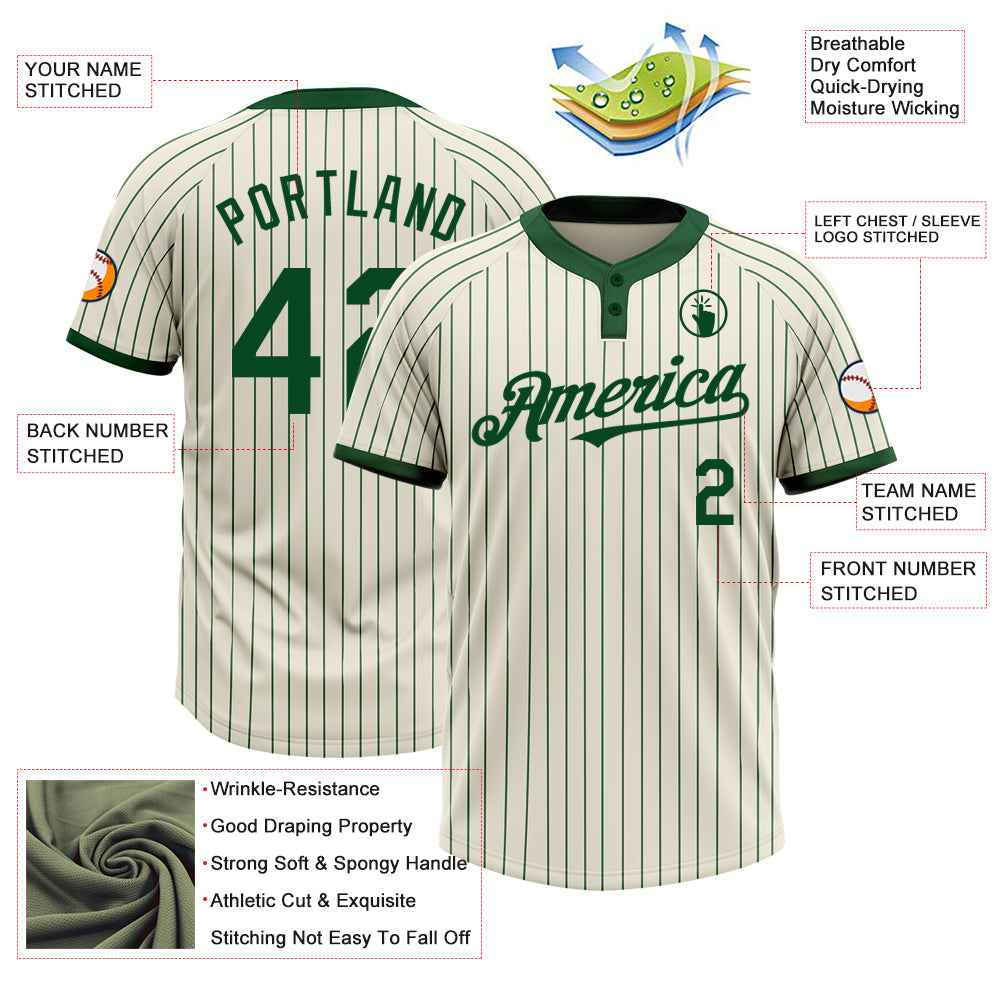 Custom Cream Green Pinstripe Green Two-Button Unisex Softball Jersey view 3
