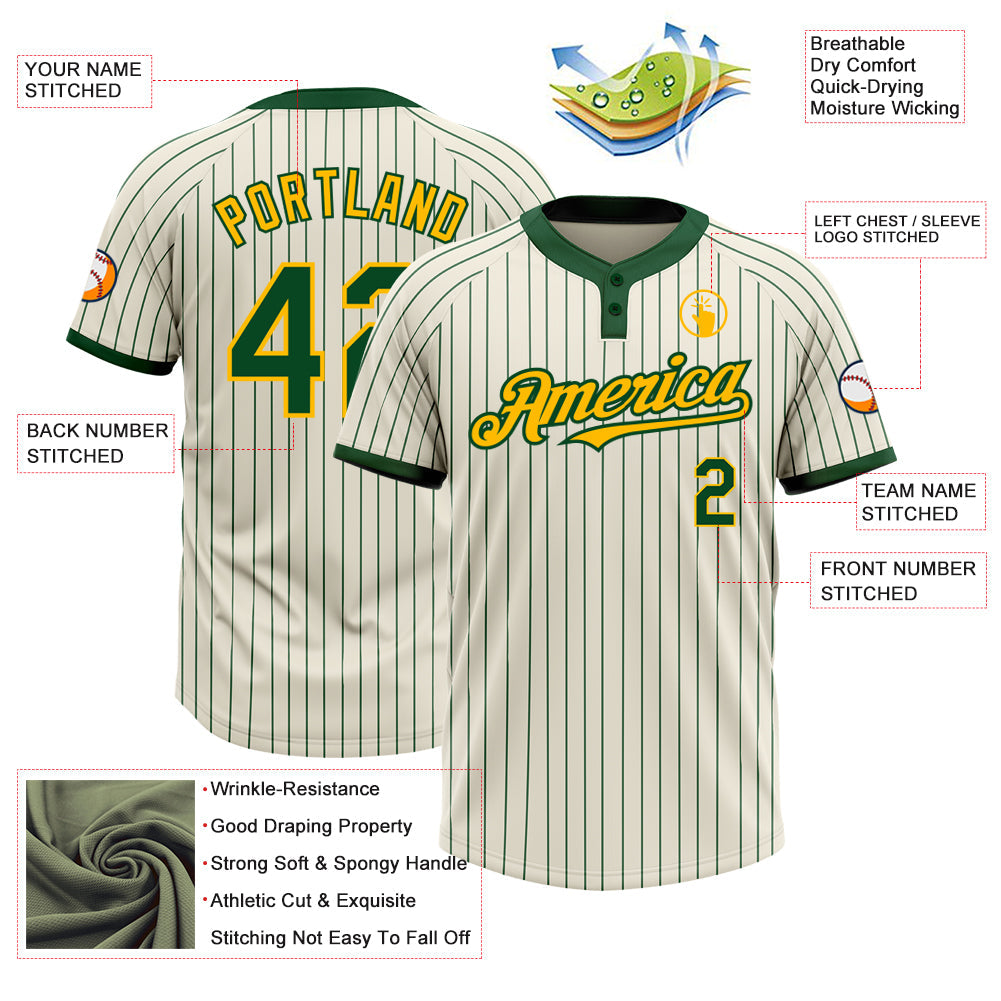 Custom Cream Green Pinstripe Gold Two-Button Unisex Softball Jersey view 3