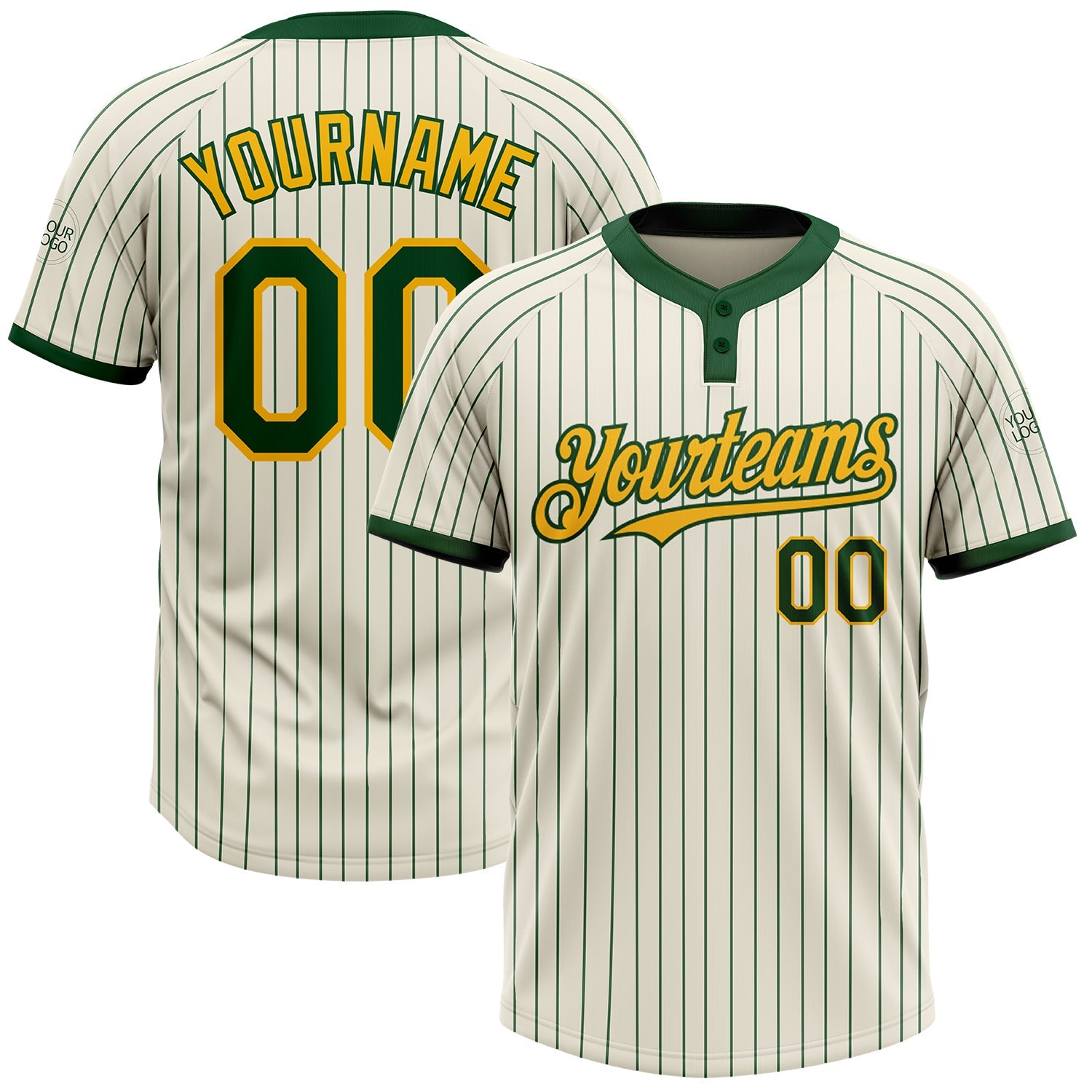 Custom Cream Green Pinstripe Gold Two-Button Unisex Softball Jersey - Main View
