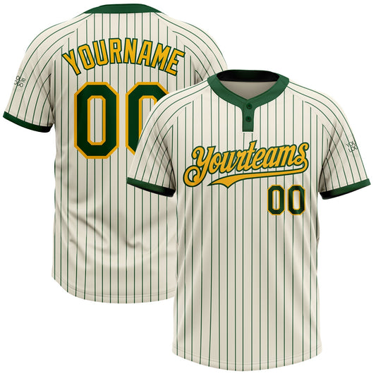 Custom Cream Green Pinstripe Gold Two-Button Unisex Softball Jersey - Main View