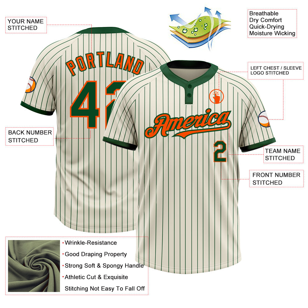 Custom Cream Green Pinstripe Orange Two-Button Unisex Softball Jersey view 3