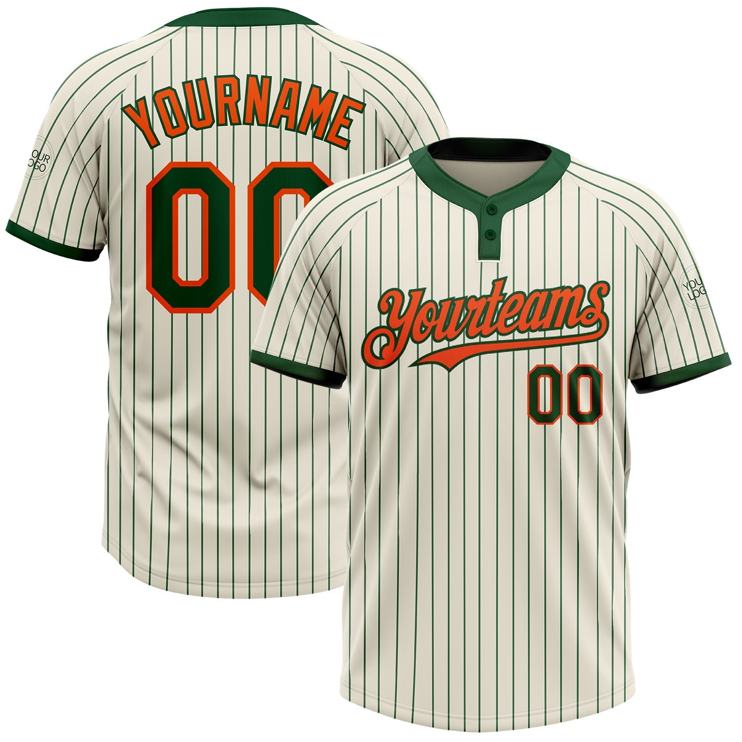 Custom Cream Green Pinstripe Orange Two-Button Unisex Softball Jersey - Main View
