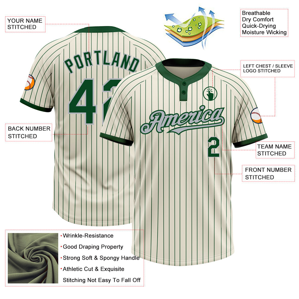 Custom Cream Green Pinstripe Gray Two-Button Unisex Softball Jersey view 3