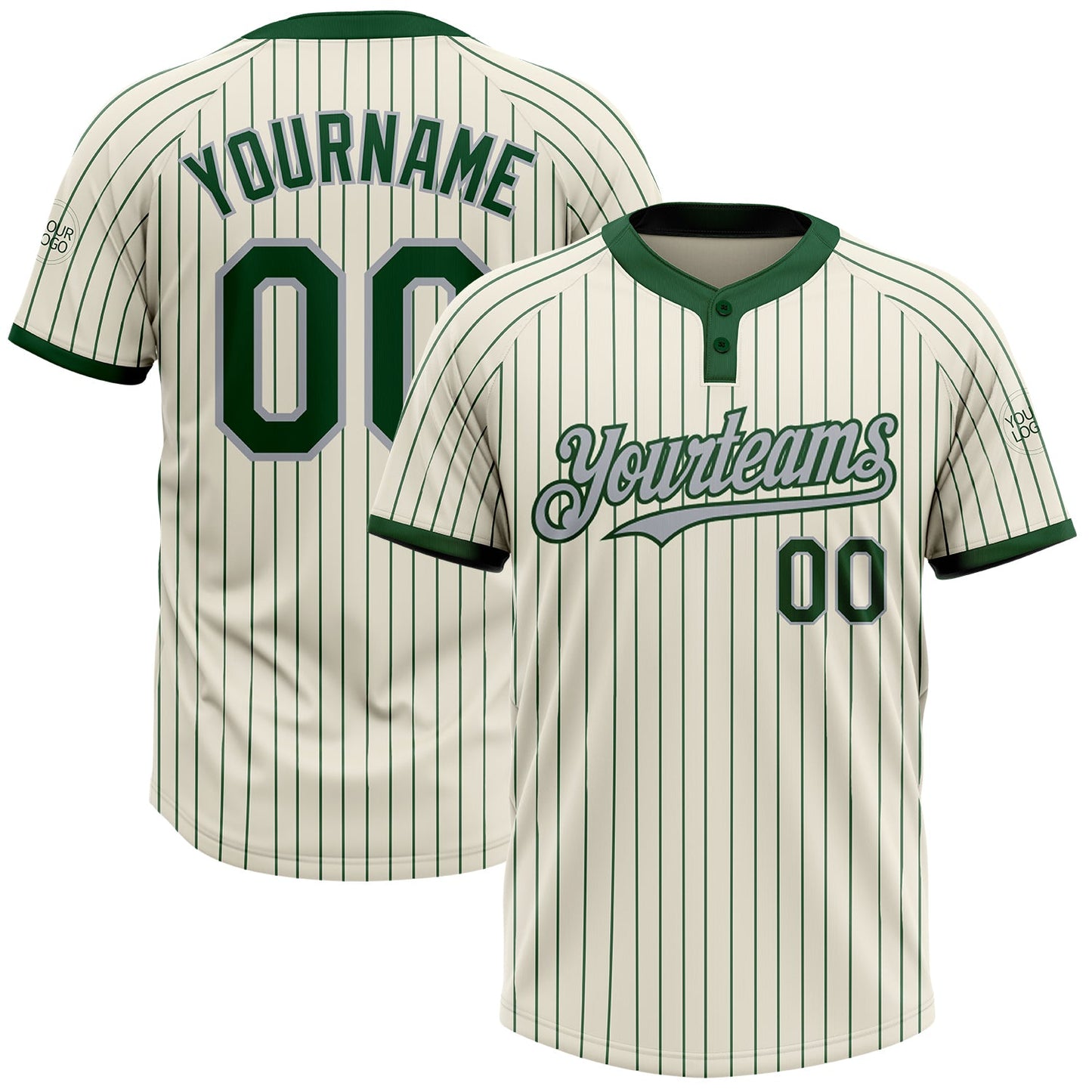 Custom Cream Green Pinstripe Gray Two-Button Unisex Softball Jersey - Main View