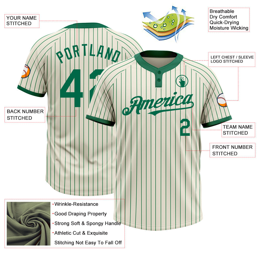 Custom Cream Kelly Green Pinstripe Kelly Green Two-Button Unisex Softball Jersey view 3