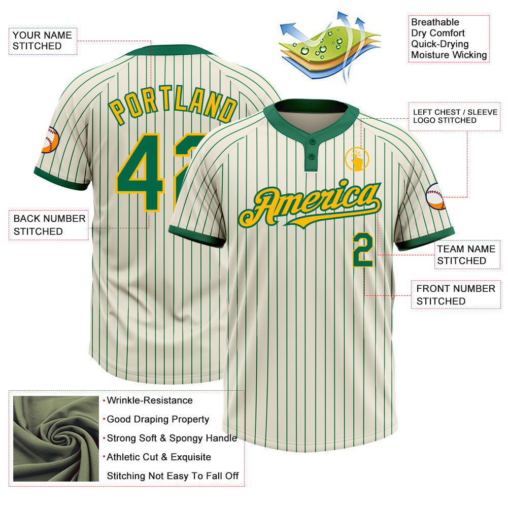 Custom Cream Kelly Green Pinstripe Gold Two-Button Unisex Softball Jersey view 3
