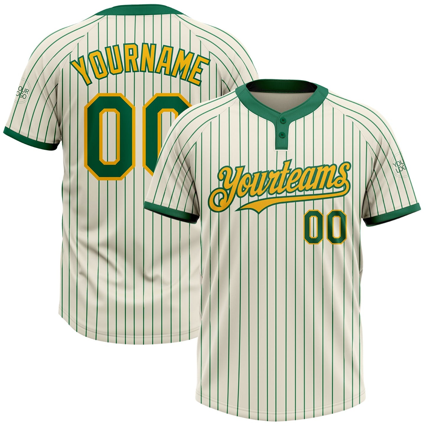 Custom Cream Kelly Green Pinstripe Gold Two-Button Unisex Softball Jersey - Main View