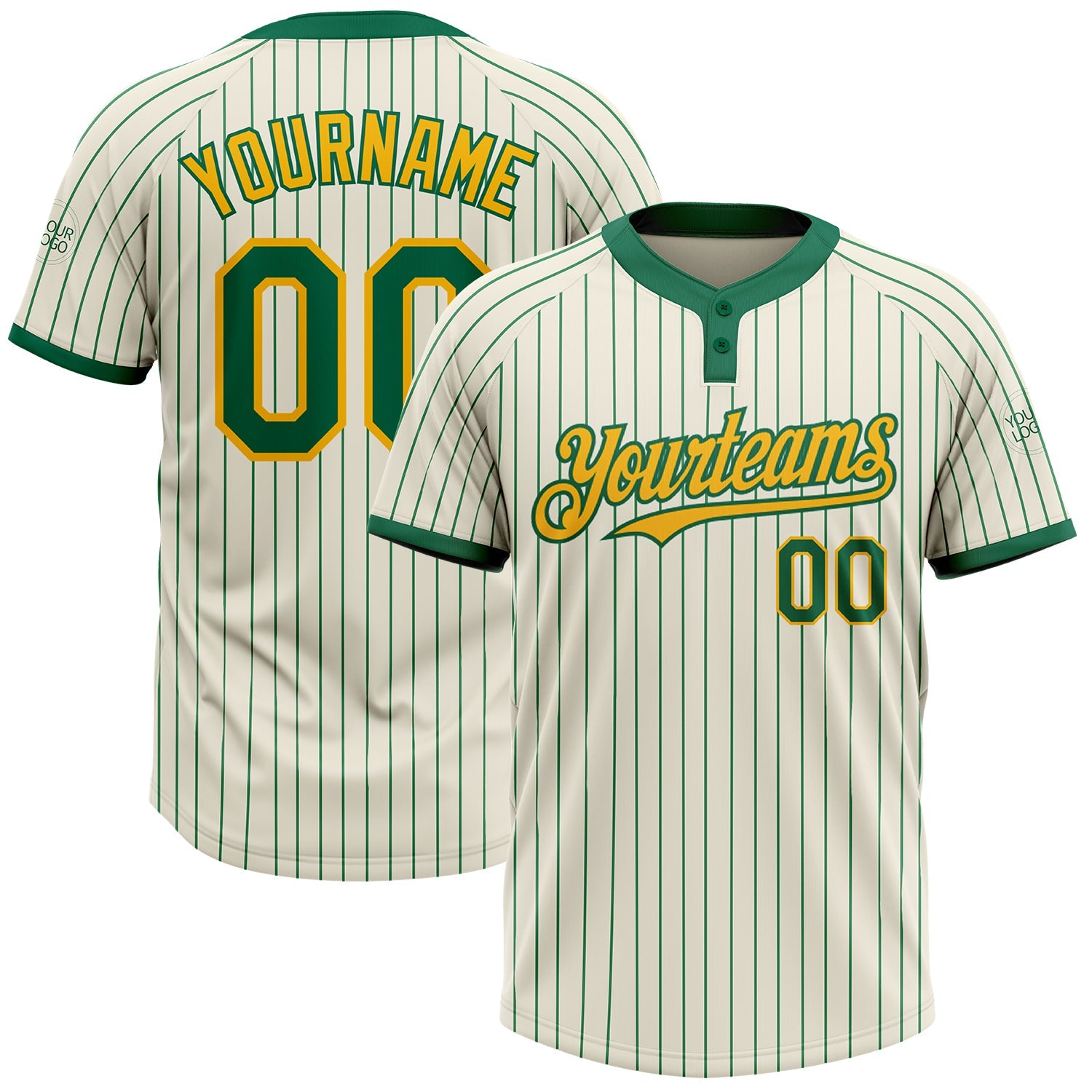 Custom Cream Kelly Green Pinstripe Gold Two-Button Unisex Softball Jersey - Main View
