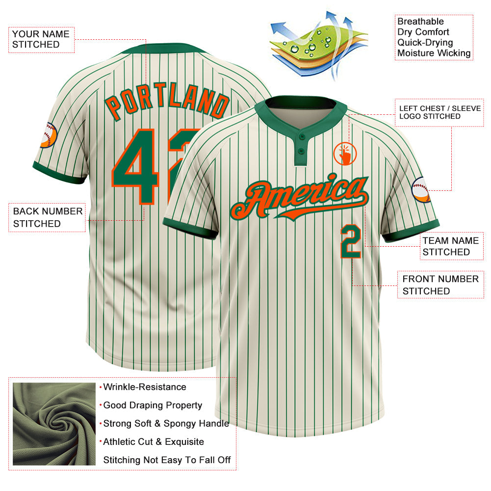 Custom Cream Kelly Green Pinstripe Orange Two-Button Unisex Softball Jersey view 3