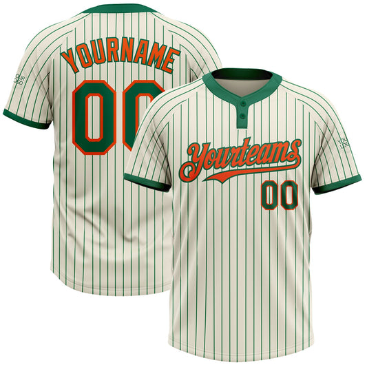 Custom Cream Kelly Green Pinstripe Orange Two-Button Unisex Softball Jersey - Main View