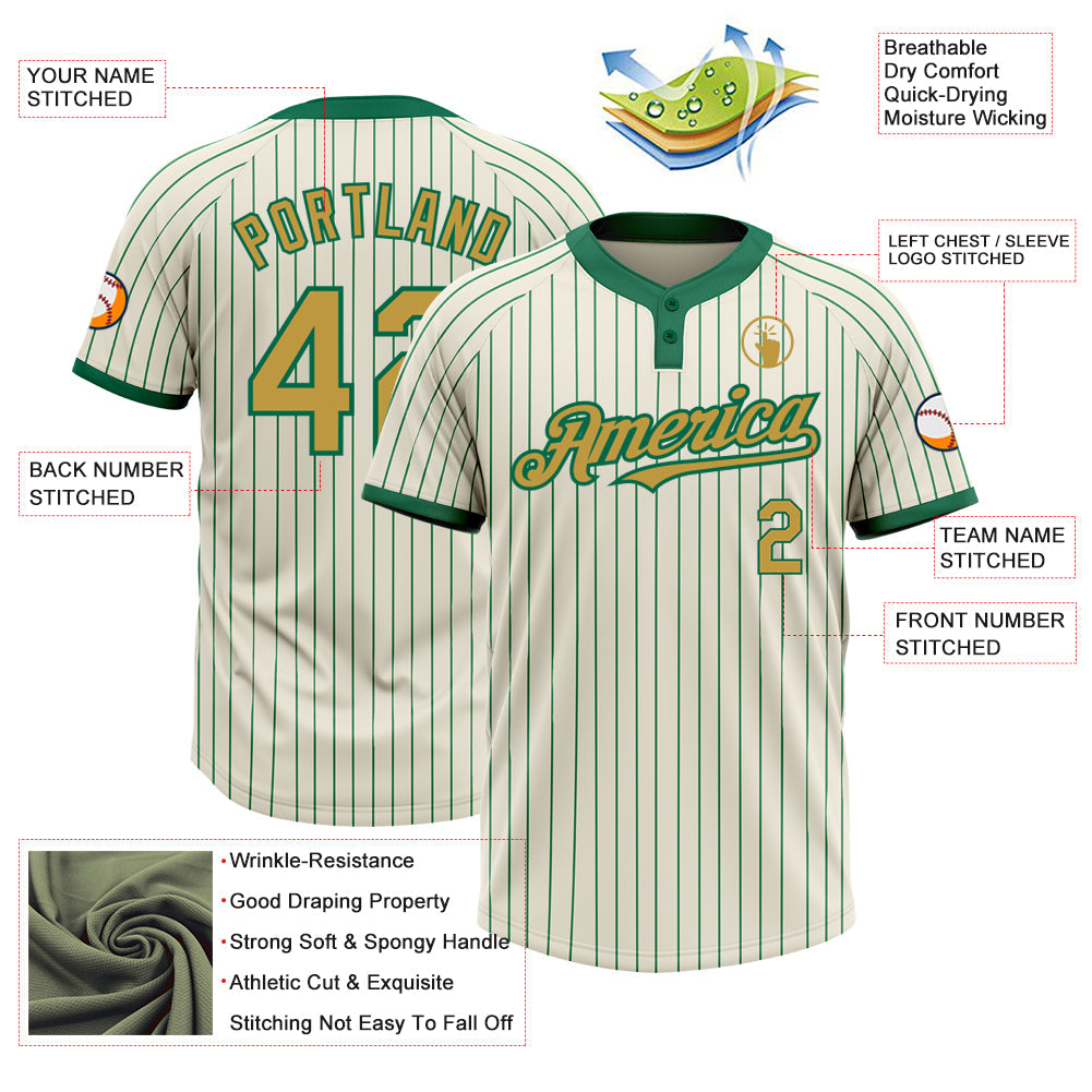 Custom Cream Kelly Green Pinstripe Old Gold Two-Button Unisex Softball Jersey view 3