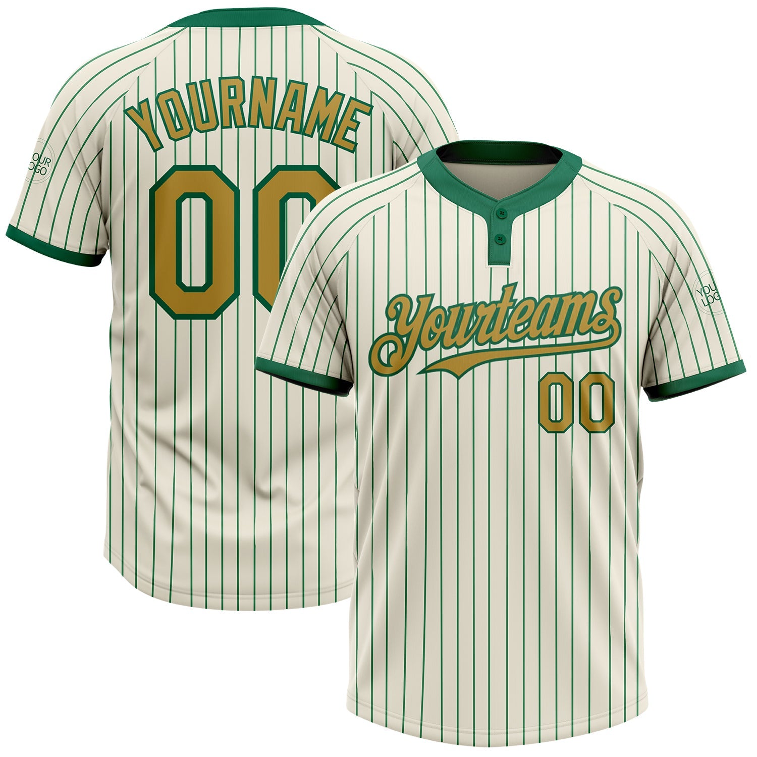 Custom Cream Kelly Green Pinstripe Old Gold Two-Button Unisex Softball Jersey - Main View